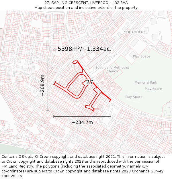 27, SAPLING CRESCENT, LIVERPOOL, L32 3AA: Plot and title map