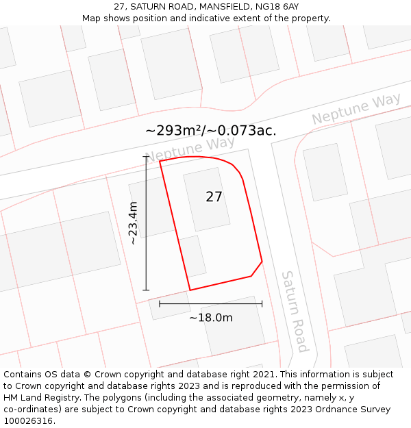 27, SATURN ROAD, MANSFIELD, NG18 6AY: Plot and title map