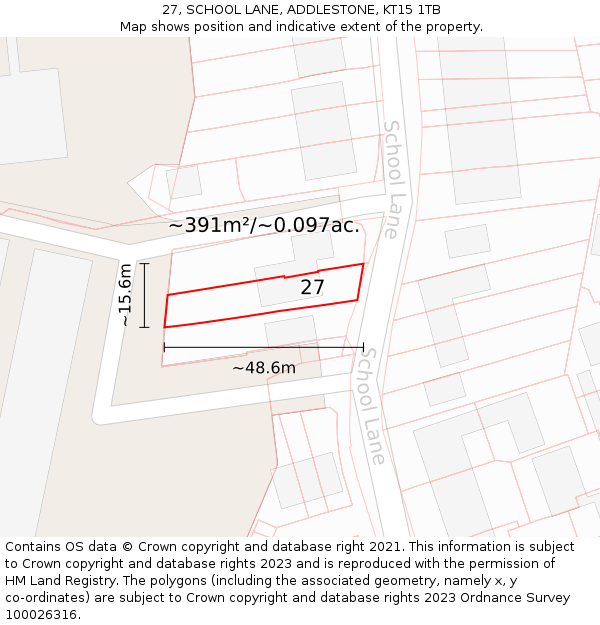27, SCHOOL LANE, ADDLESTONE, KT15 1TB: Plot and title map