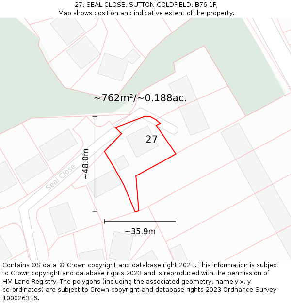 27, SEAL CLOSE, SUTTON COLDFIELD, B76 1FJ: Plot and title map