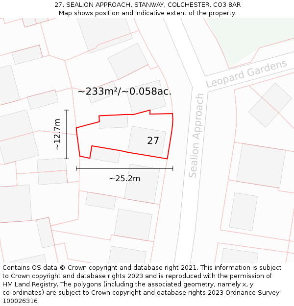 27, SEALION APPROACH, STANWAY, COLCHESTER, CO3 8AR: Plot and title map