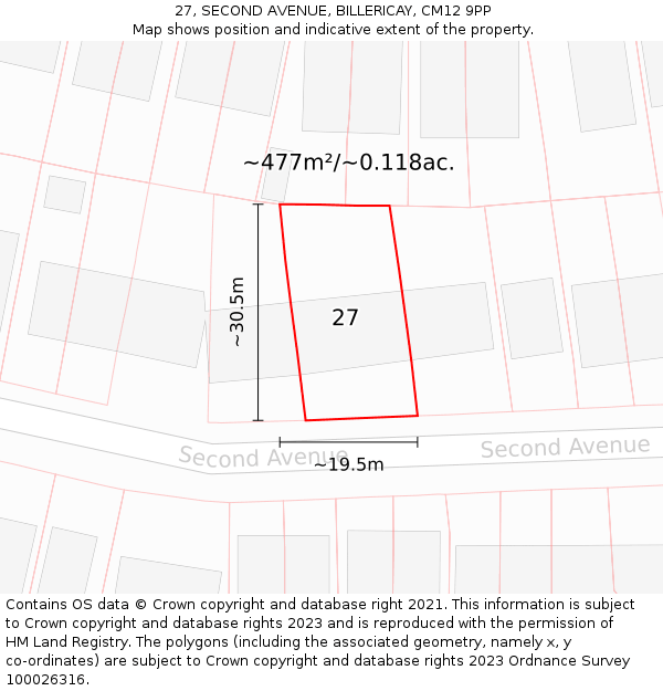 27, SECOND AVENUE, BILLERICAY, CM12 9PP: Plot and title map