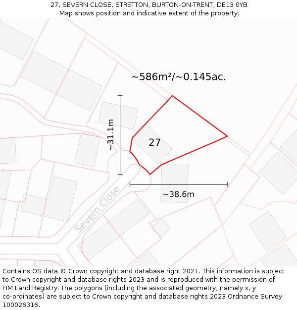 27, SEVERN CLOSE, STRETTON, BURTON-ON-TRENT, DE13 0YB: Plot and title map