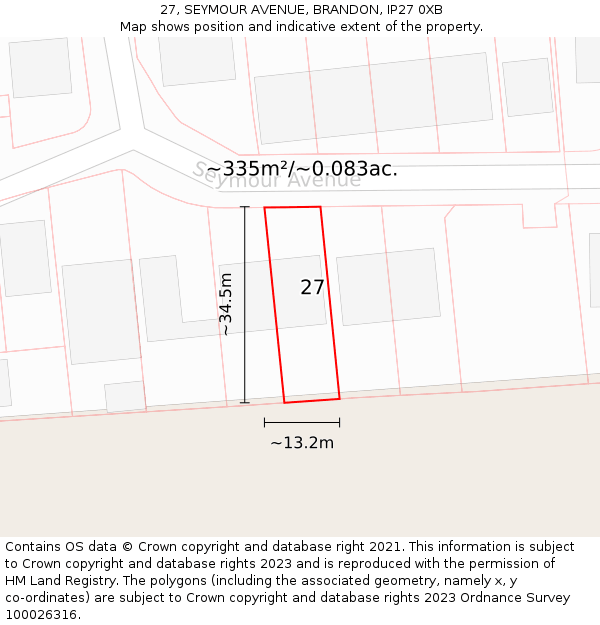 27, SEYMOUR AVENUE, BRANDON, IP27 0XB: Plot and title map