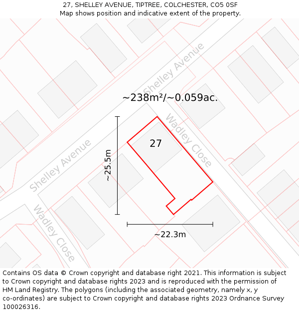27, SHELLEY AVENUE, TIPTREE, COLCHESTER, CO5 0SF: Plot and title map