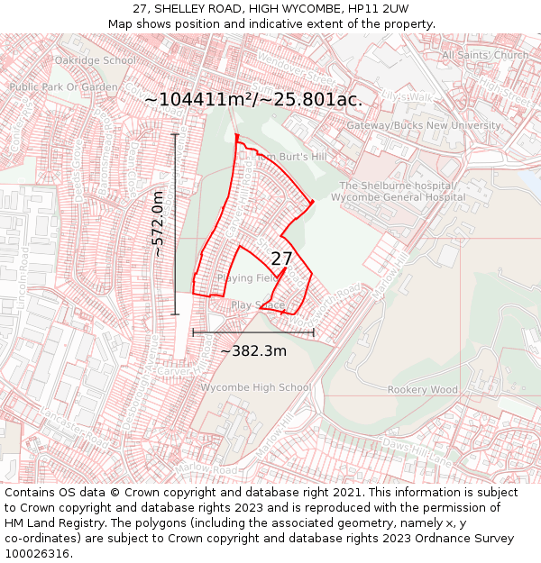 27, SHELLEY ROAD, HIGH WYCOMBE, HP11 2UW: Plot and title map