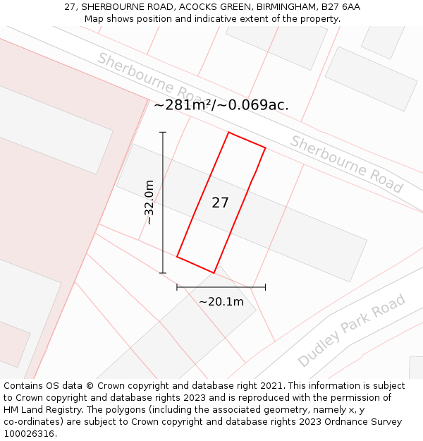 27, SHERBOURNE ROAD, ACOCKS GREEN, BIRMINGHAM, B27 6AA: Plot and title map