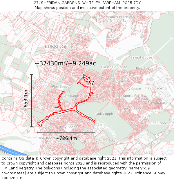 27, SHERIDAN GARDENS, WHITELEY, FAREHAM, PO15 7DY: Plot and title map