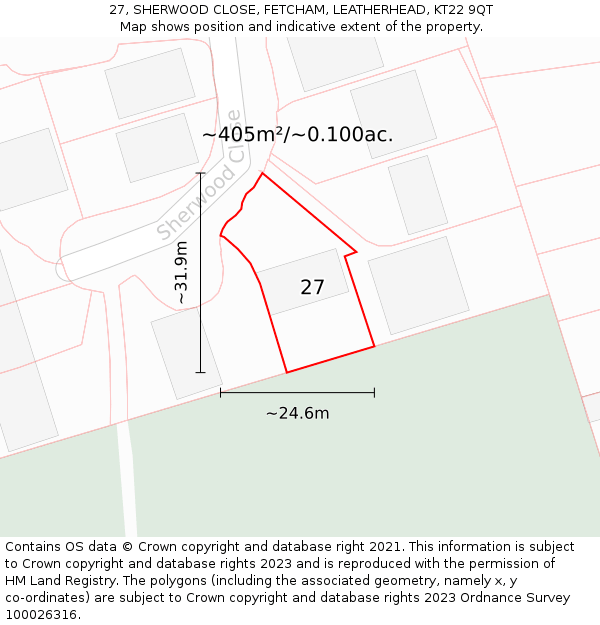 27, SHERWOOD CLOSE, FETCHAM, LEATHERHEAD, KT22 9QT: Plot and title map