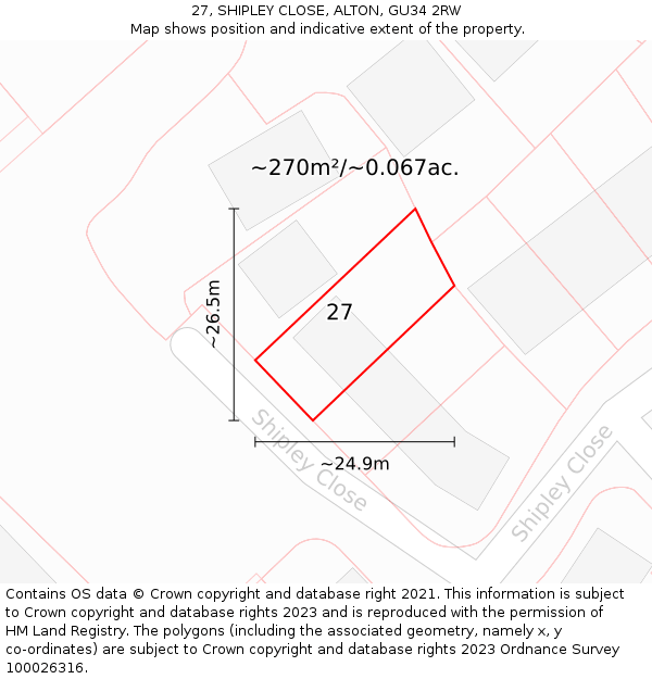 27, SHIPLEY CLOSE, ALTON, GU34 2RW: Plot and title map