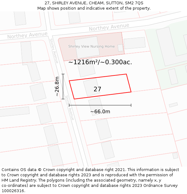 27, SHIRLEY AVENUE, CHEAM, SUTTON, SM2 7QS: Plot and title map