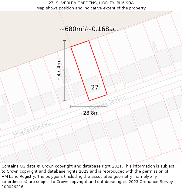 27, SILVERLEA GARDENS, HORLEY, RH6 9BA: Plot and title map
