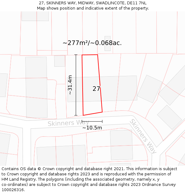 27, SKINNERS WAY, MIDWAY, SWADLINCOTE, DE11 7NL: Plot and title map