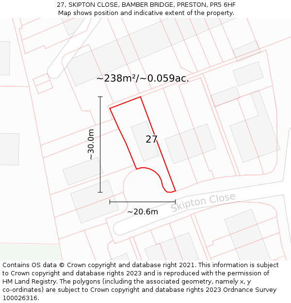 27, SKIPTON CLOSE, BAMBER BRIDGE, PRESTON, PR5 6HF: Plot and title map