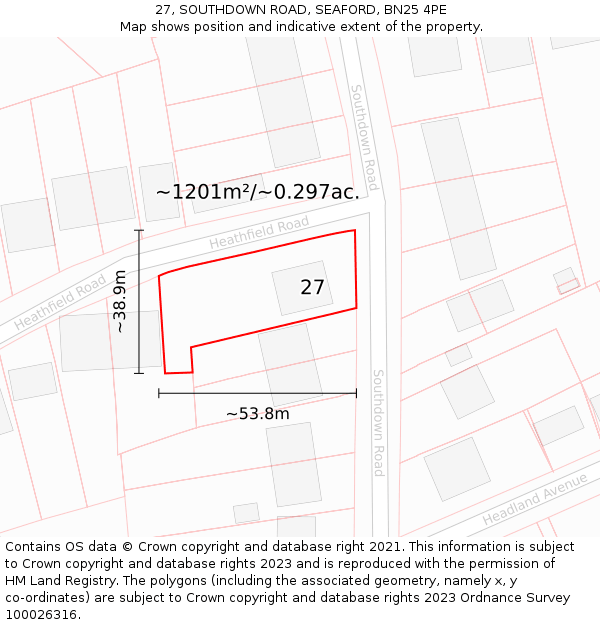 27, SOUTHDOWN ROAD, SEAFORD, BN25 4PE: Plot and title map