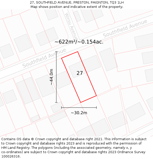 27, SOUTHFIELD AVENUE, PRESTON, PAIGNTON, TQ3 1LH: Plot and title map