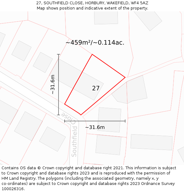 27, SOUTHFIELD CLOSE, HORBURY, WAKEFIELD, WF4 5AZ: Plot and title map