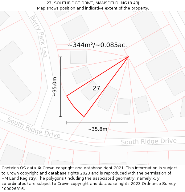 27, SOUTHRIDGE DRIVE, MANSFIELD, NG18 4RJ: Plot and title map
