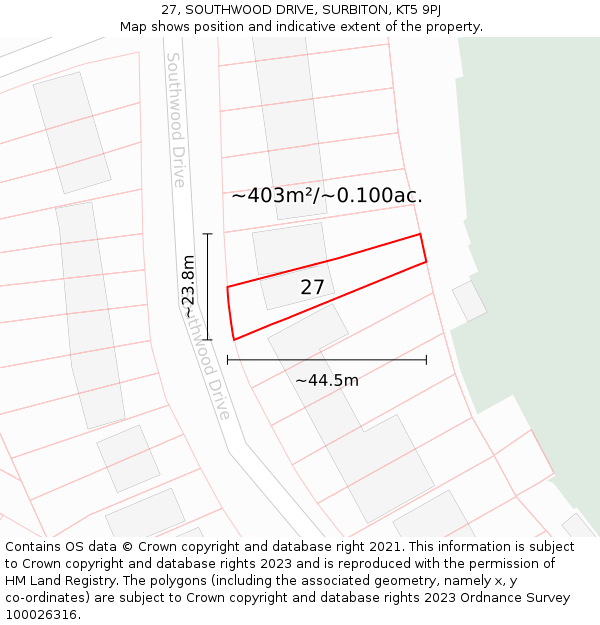 27, SOUTHWOOD DRIVE, SURBITON, KT5 9PJ: Plot and title map