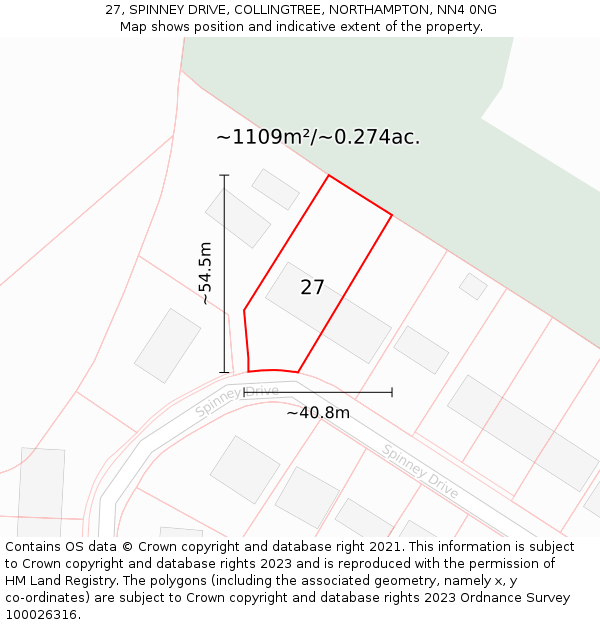 27, SPINNEY DRIVE, COLLINGTREE, NORTHAMPTON, NN4 0NG: Plot and title map