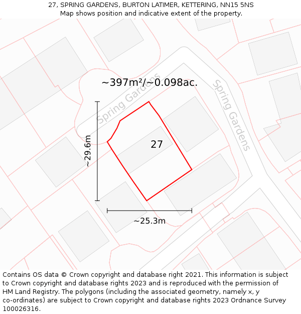 27, SPRING GARDENS, BURTON LATIMER, KETTERING, NN15 5NS: Plot and title map