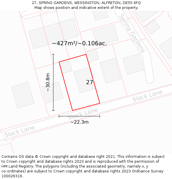 27, SPRING GARDENS, WESSINGTON, ALFRETON, DE55 6FQ: Plot and title map