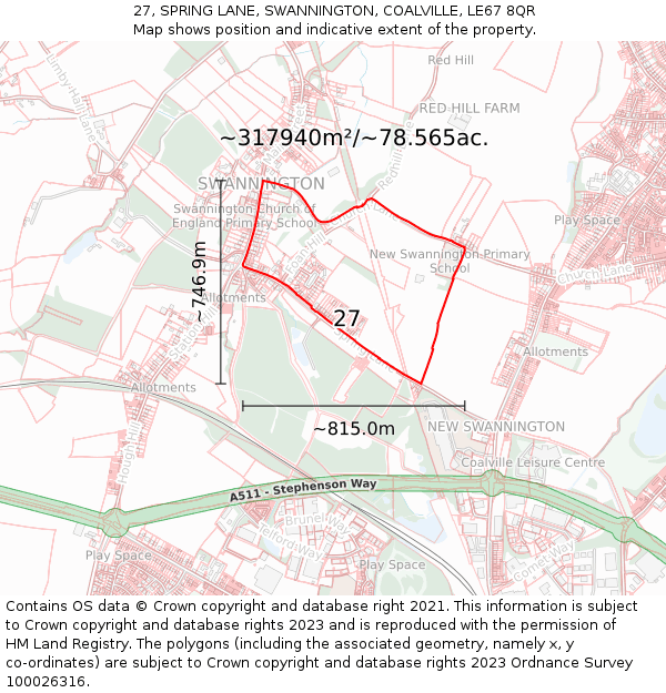 27, SPRING LANE, SWANNINGTON, COALVILLE, LE67 8QR: Plot and title map