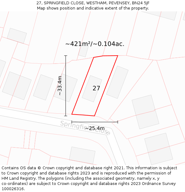 27, SPRINGFIELD CLOSE, WESTHAM, PEVENSEY, BN24 5JF: Plot and title map