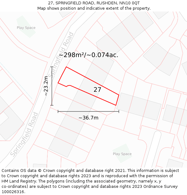 27, SPRINGFIELD ROAD, RUSHDEN, NN10 0QT: Plot and title map