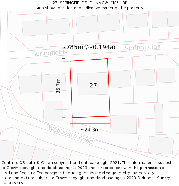 27, SPRINGFIELDS, DUNMOW, CM6 1BP: Plot and title map