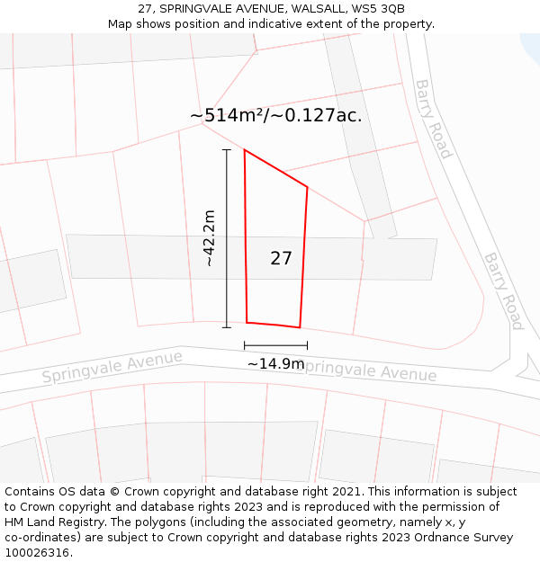27, SPRINGVALE AVENUE, WALSALL, WS5 3QB: Plot and title map