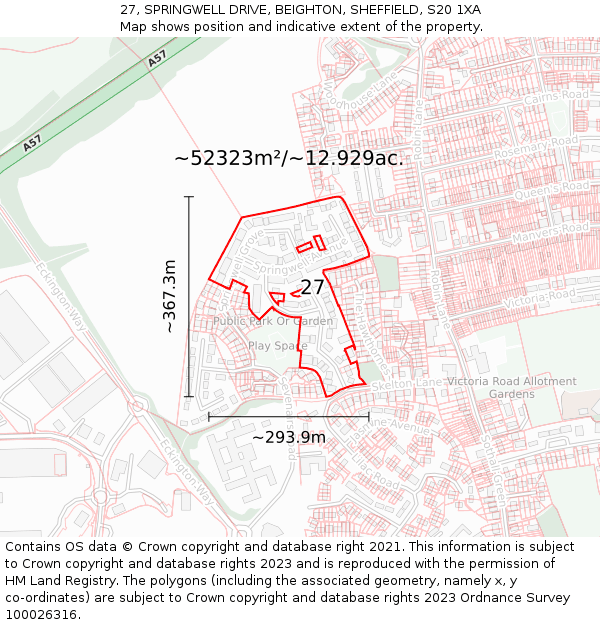 27, SPRINGWELL DRIVE, BEIGHTON, SHEFFIELD, S20 1XA: Plot and title map