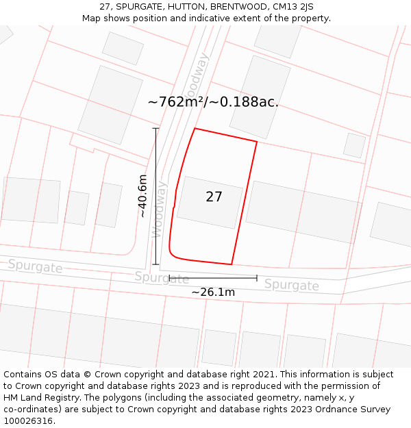 27, SPURGATE, HUTTON, BRENTWOOD, CM13 2JS: Plot and title map