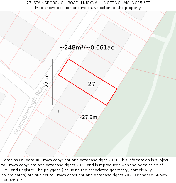 27, STAINSBOROUGH ROAD, HUCKNALL, NOTTINGHAM, NG15 6TT: Plot and title map