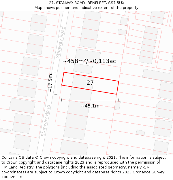 27, STANWAY ROAD, BENFLEET, SS7 5UX: Plot and title map