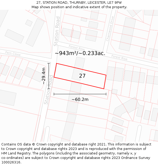 27, STATION ROAD, THURNBY, LEICESTER, LE7 9PW: Plot and title map