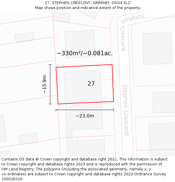 27, STEPHEN CRESCENT, GRIMSBY, DN34 5LZ: Plot and title map