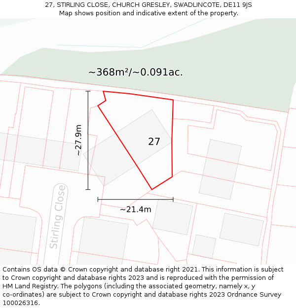 27, STIRLING CLOSE, CHURCH GRESLEY, SWADLINCOTE, DE11 9JS: Plot and title map