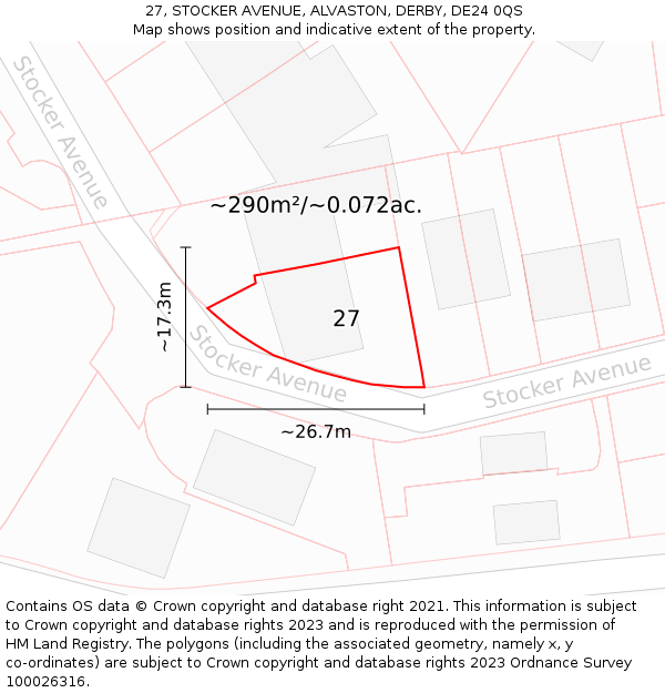 27, STOCKER AVENUE, ALVASTON, DERBY, DE24 0QS: Plot and title map