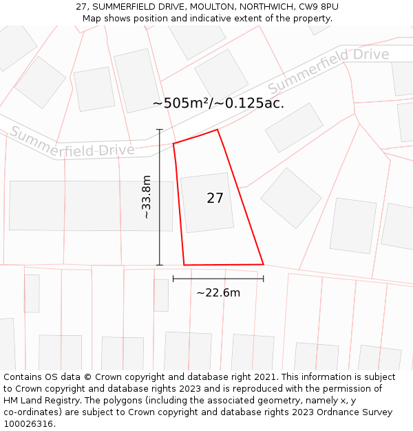 27, SUMMERFIELD DRIVE, MOULTON, NORTHWICH, CW9 8PU: Plot and title map