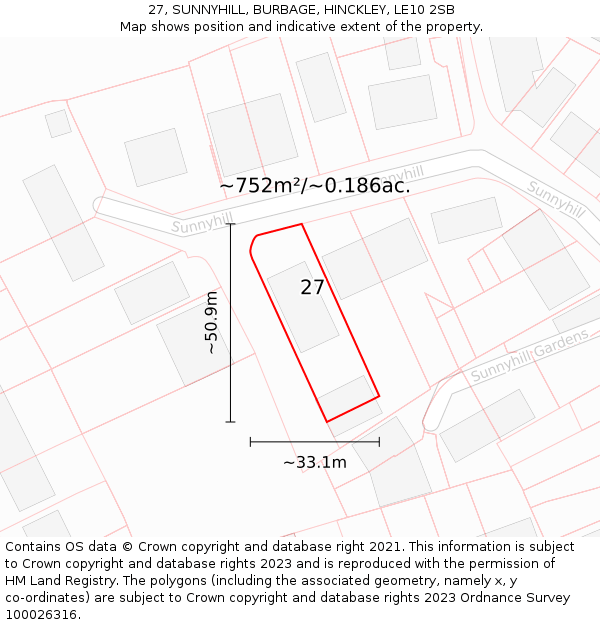 27, SUNNYHILL, BURBAGE, HINCKLEY, LE10 2SB: Plot and title map