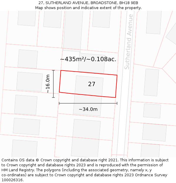 27, SUTHERLAND AVENUE, BROADSTONE, BH18 9EB: Plot and title map