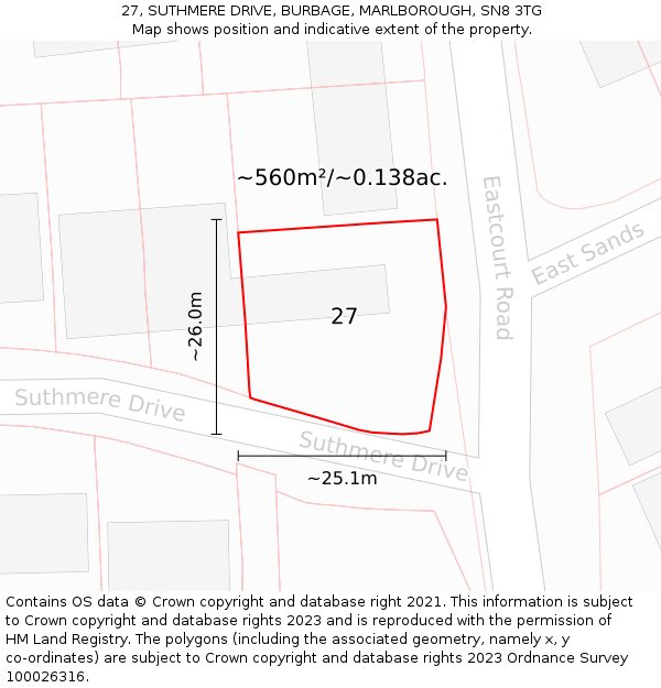 27, SUTHMERE DRIVE, BURBAGE, MARLBOROUGH, SN8 3TG: Plot and title map