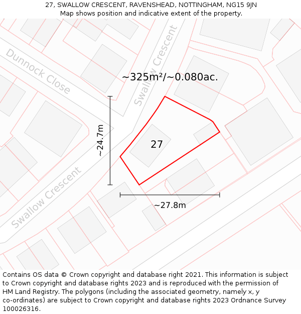27, SWALLOW CRESCENT, RAVENSHEAD, NOTTINGHAM, NG15 9JN: Plot and title map