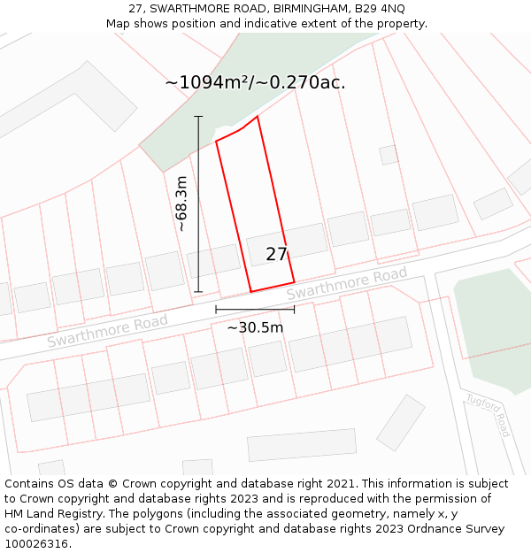 27, SWARTHMORE ROAD, BIRMINGHAM, B29 4NQ: Plot and title map