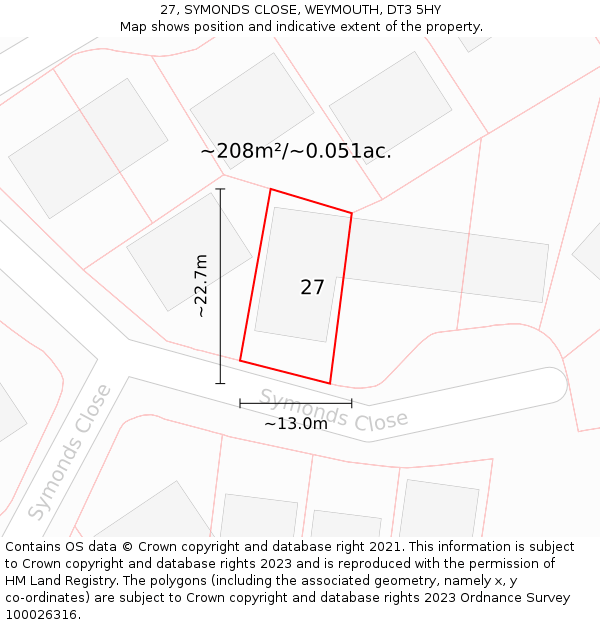 27, SYMONDS CLOSE, WEYMOUTH, DT3 5HY: Plot and title map