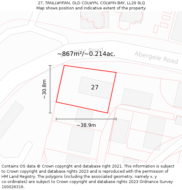 27, TANLLWYFAN, OLD COLWYN, COLWYN BAY, LL29 9LQ: Plot and title map