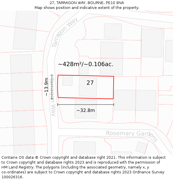27, TARRAGON WAY, BOURNE, PE10 9NA: Plot and title map