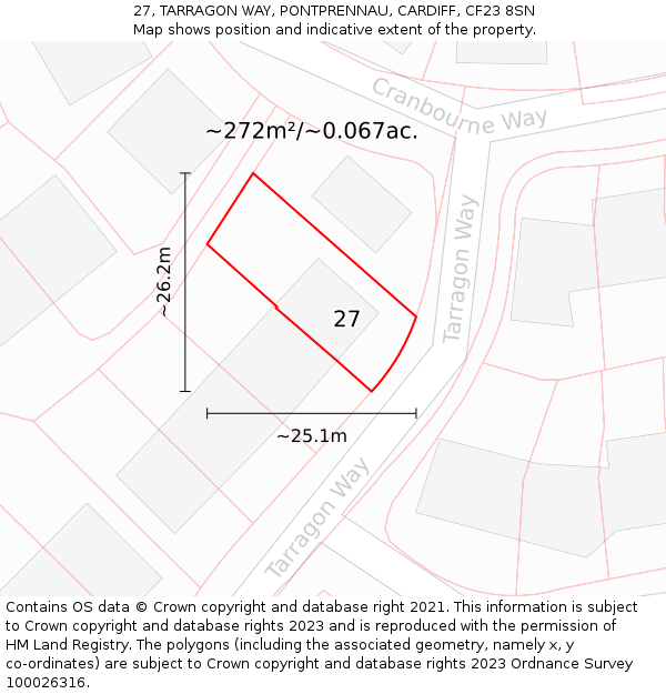 27, TARRAGON WAY, PONTPRENNAU, CARDIFF, CF23 8SN: Plot and title map