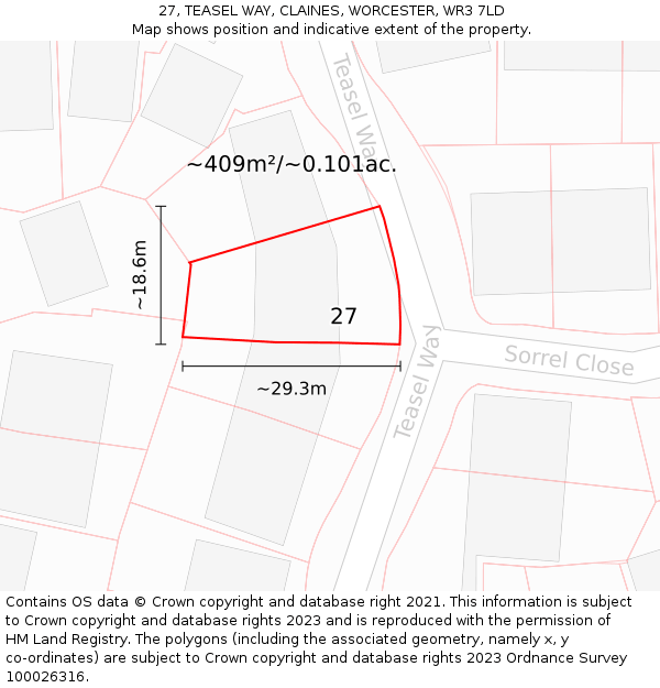 27, TEASEL WAY, CLAINES, WORCESTER, WR3 7LD: Plot and title map
